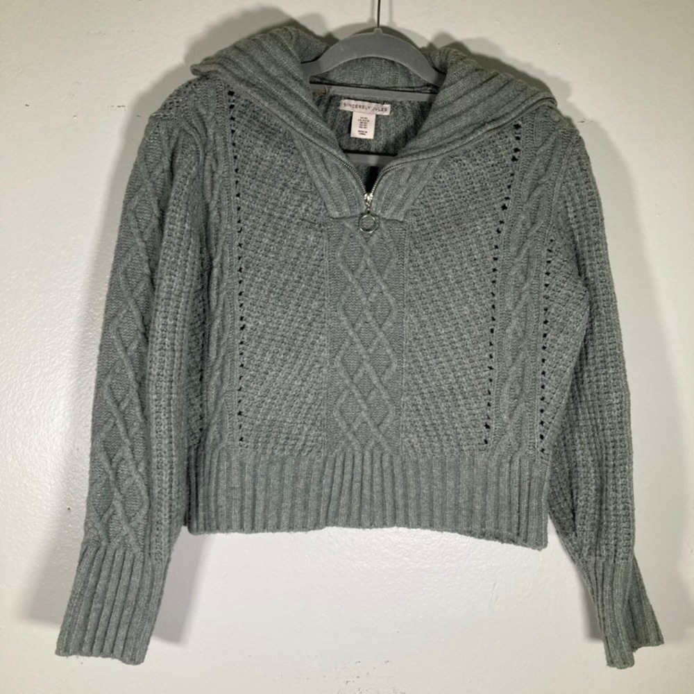 Sincerely Jules Women Sage Green Cable Knit Quarter Zip Pullover Sweater XS